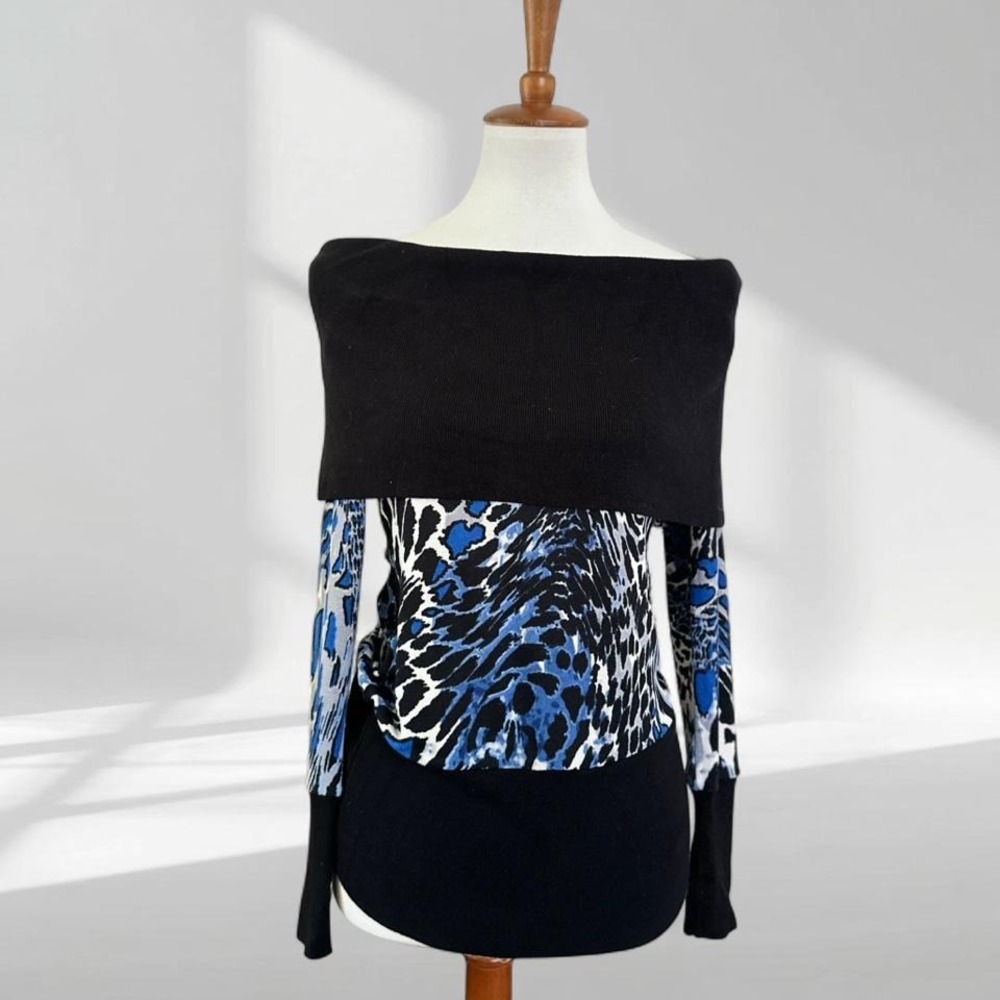 Cache Women XS Blue Black‎ Leopard Print Off Shoulder Ribbed Trim Top Y2K